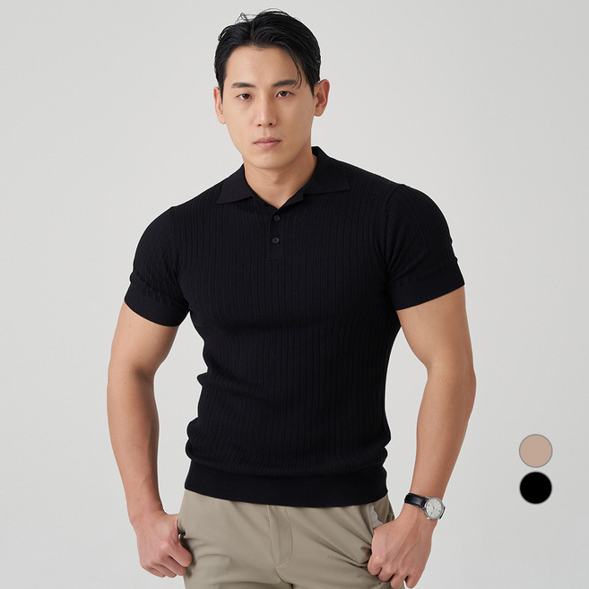 캐럿 남성용 머슬핏 카라 넥 반소매 니트