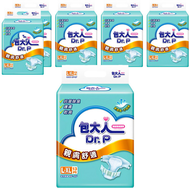 Dr.P 包大人 親膚舒適 成人黏貼型紙尿褲, L~XL(腰圍40~55吋), 13片, 6包