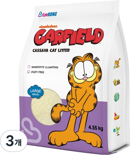 러봉 응고형 가필드 카사바 굵은입자 고양이 모래, 4.55kg, 3개, 무향