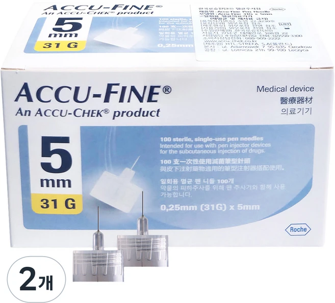 로슈 아큐첵 아큐파인 펜니들 31G 5mm, 2개, 100개입 - 쿠팡