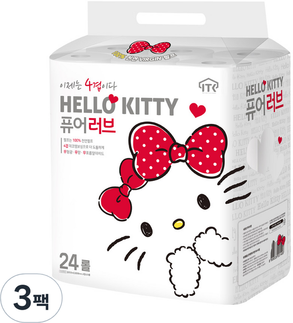 헬로키티 퓨어러브 4겹 롤화장지 25m, 24롤, 3개