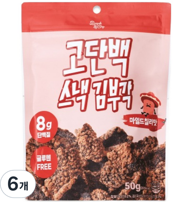 부각앤칩 고단백 스낵 김부각 마일드칠리맛, 6개, 50g