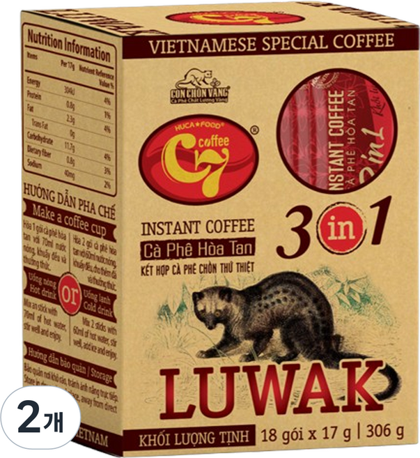 씨세븐 루왁 위즐 인스턴트 커피, 2개, 18개입, 17g