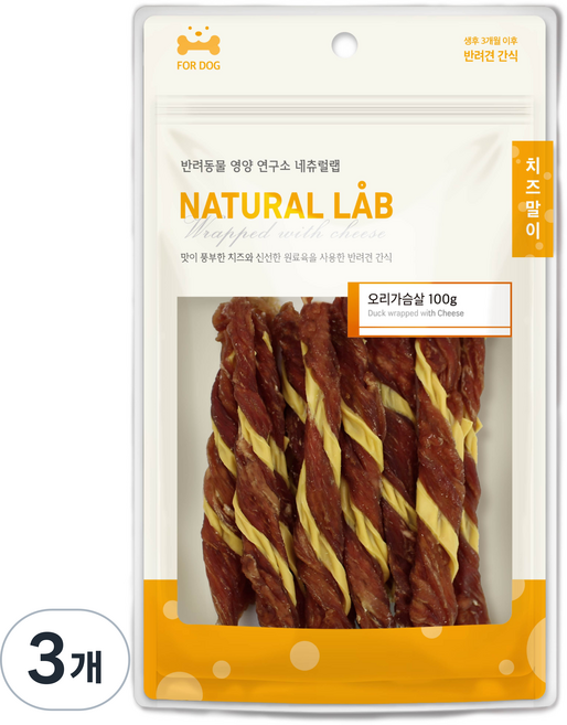 네츄럴랩 강아지 치즈말이 간식, 오리가슴살, 100g, 3개