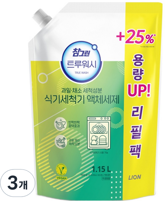 참그린 트루워시 어드밴스 식기세척기용 세제 리필, 1.15L, 3개