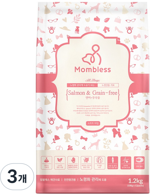 맘블레스 노령견용 연어&무곡물 건식사료, 연어, 1.2kg, 3개