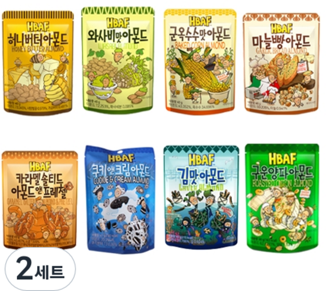 바프 아몬드 허니버터 40g + 와사비 40g + 군옥수수 40g + 마늘빵 40g + 김맛 40g + 쿠키앤크림 40g + 카라멜솔티드 40g + 구운양파맛 40g 세트, 2세트