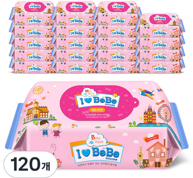 아이러브베베 핑크 물티슈 리필형, 100매, 120개