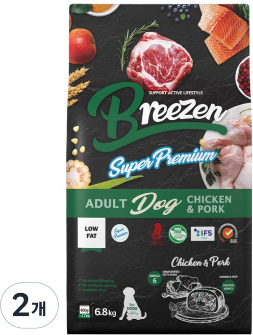 브리젠 슈퍼프리미엄 어덜트독 치킨&포크 라지바이트 강아지 사료, 6.8kg, 2개, 닭+돼지