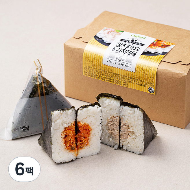 쉐푸드 점보삼각김밥 참치마요 앤 김치제육 5입, 765g, 6팩