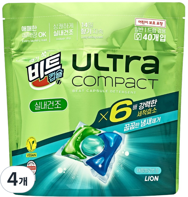 비트 울트라 콤팩트 실내건조 캡슐세제 애플블로썸, 40개입, 4개