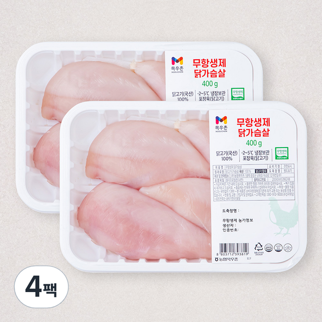 목우촌 무항생제 인증 닭가슴살 (냉장), 400g, 4팩
