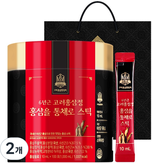 고려홍삼중앙회 6년근 고려홍삼정 홍삼을 통채로 스틱 +쇼핑백, 1L, 2개