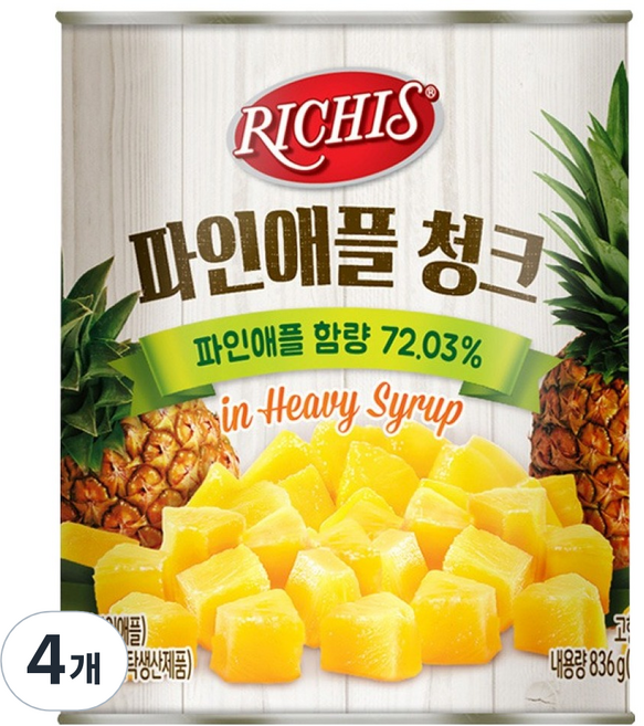 리치스 파인애플 청크 통조림, 836g, 4개
