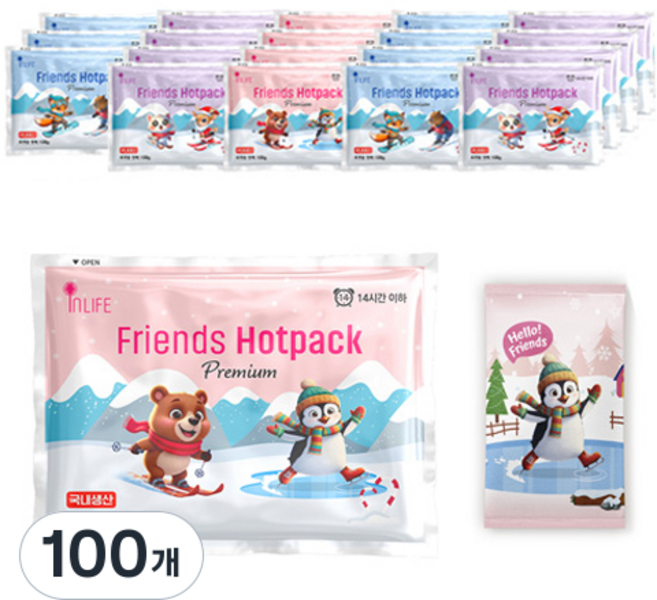 인라이프 포켓형 프렌즈 핫팩 프리미엄 100g 랜덤발송, 100개