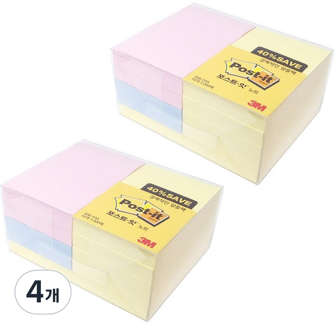 포스트잇 노트 알뜰팩 656-10A, 노랑 + 분홍 + 파랑, 1000매, 4개
