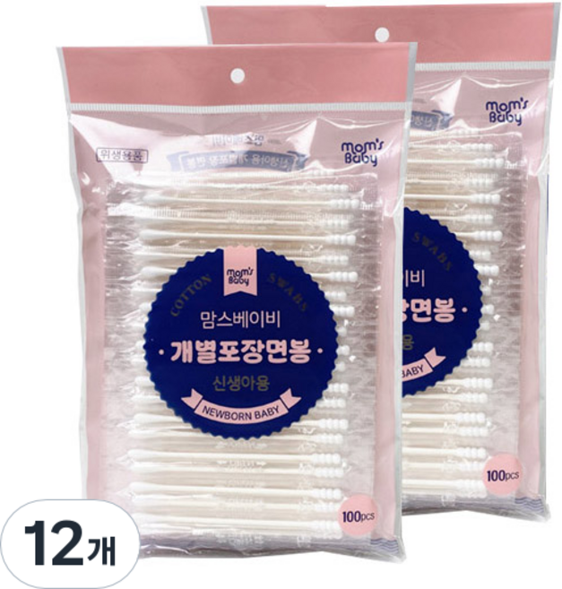 맘스베이비 신생아용 개별포장 면봉, 100개입, 12개