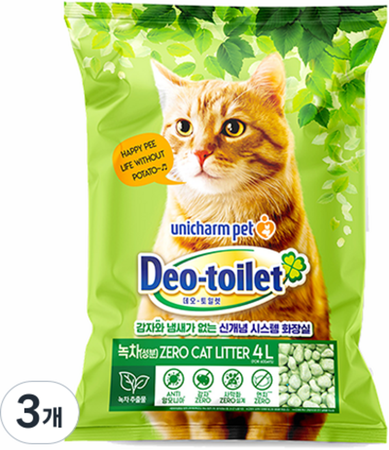 유니참데오토일렛 비응고형 감자 없는 Zero 고양이 모래, 4L, 3개, 녹차모래