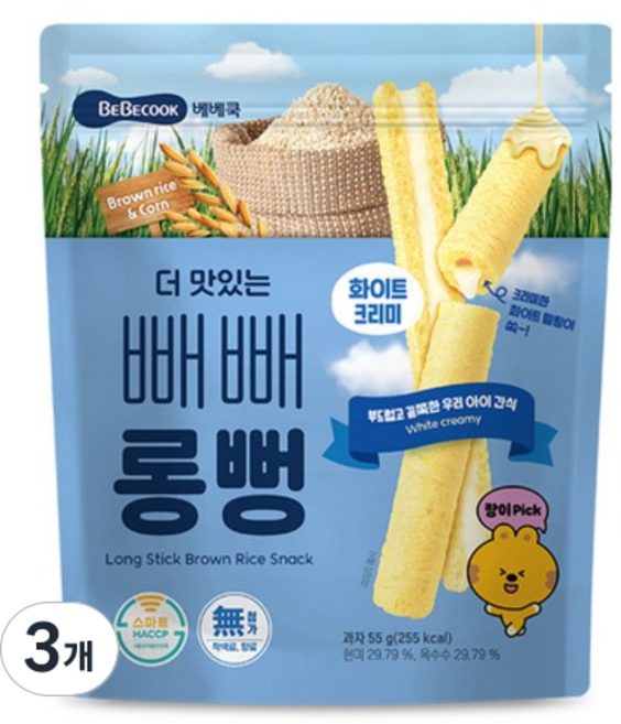 BEBECOOK 孩童更美味棒狀米餅, 奶油白, 55g, 3個