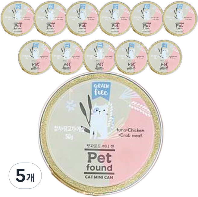 고양이 펫파운드 미니 캔 간식 12p, 참치 + 닭고기 + 게살, 600g, 5개