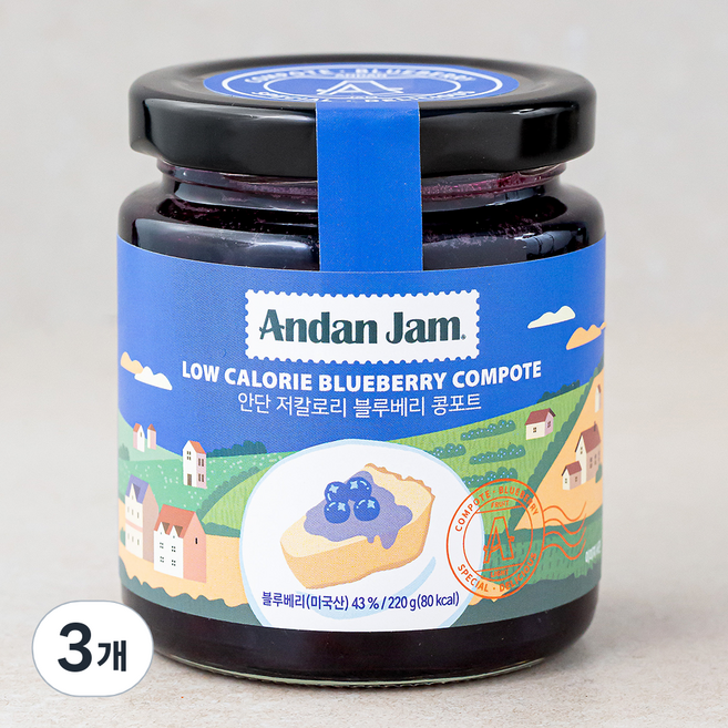 안단잼 저칼로리 블루베리 콩포트, 220g, 3개