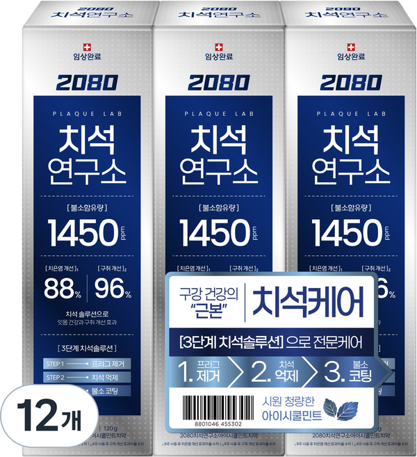 2080 牙結石研究所 高含氟牙結石護理牙膏 冰涼薄荷, 120g, 12個