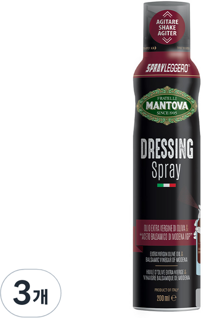 만토바 발사믹 드레싱 스프레이 엑스트라 버진 올리브오일 & 모데나 발사믹 비니거, 200ml, 3개