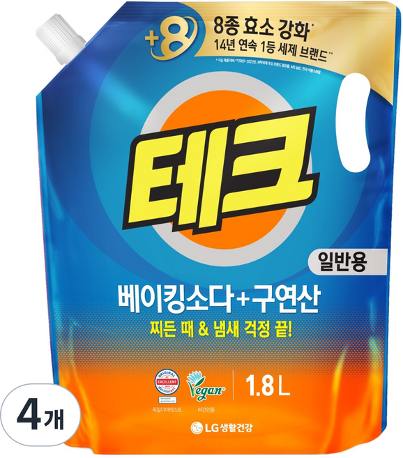 테크 베이킹소다 플러스 구연산 액상세제 리필, 1.8L, 4개