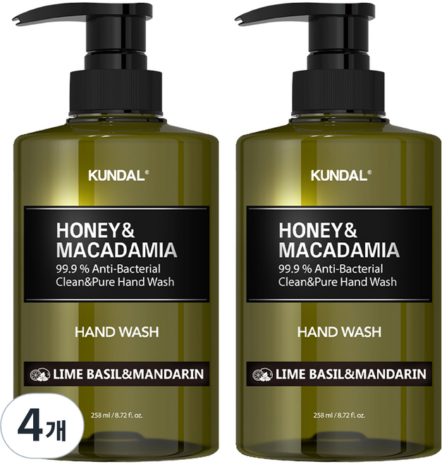 쿤달 허니 앤 마카다미아 클린 앤 퓨어 핸드워시 라임바질 앤 만다린향, 4개, 258ml