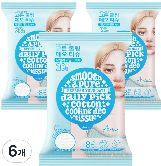 아리얼 스무스 앤 퓨어 코튼 쿨링 데오 티슈 20p, 6개, 100g - 쿠팡