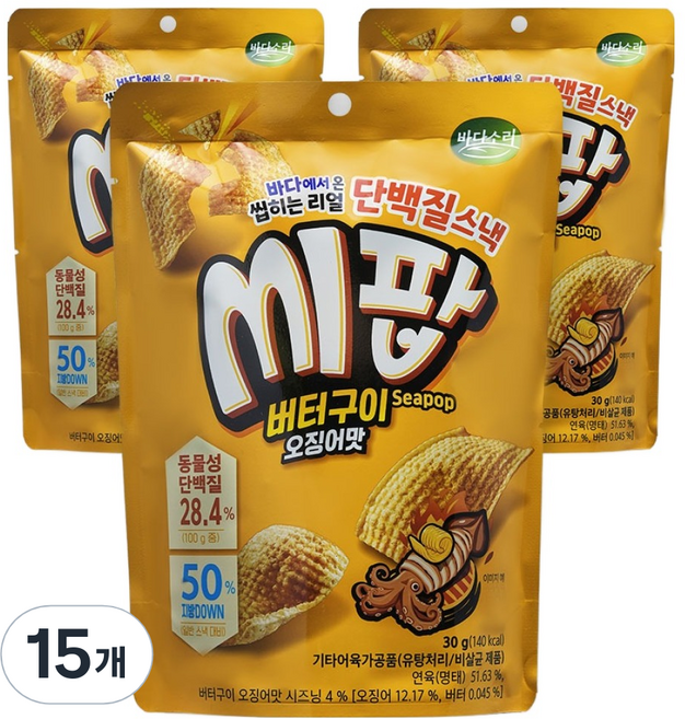 바다소리 씹히는 리얼 단백질스낵 씨팝 버터구이오징어맛, 30g, 15개