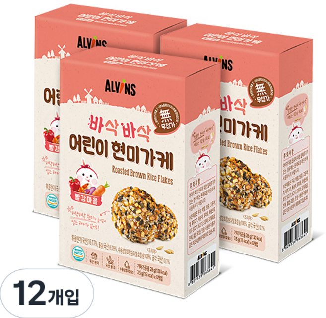 엘빈즈 바삭바삭 어린이 현미가케 빨강마을, 새우 + 당근 + 자색고구마 + 파프리카 혼합맛, 28g, 12개