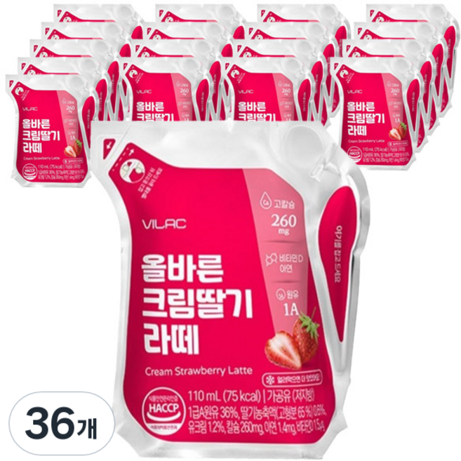 비락 올바른 크림딸기라떼, 36개, 110ml