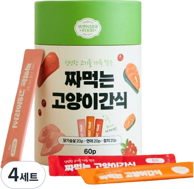 원더푸드 짜먹는 고양이 간식 60p, 혼합맛(닭가슴살/연어/참치), 720g, 4세트