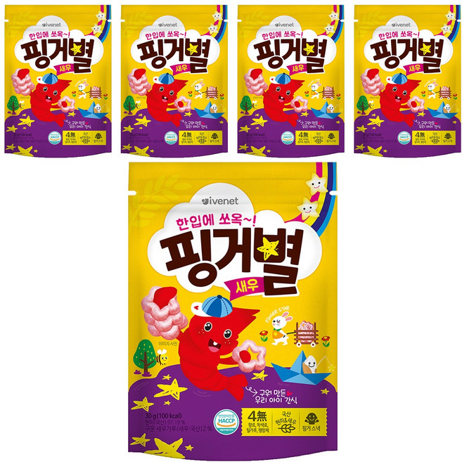 아이배냇 아동용 핑거별 쌀과자, 새우맛, 30g, 5개