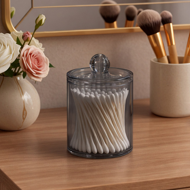 MF스토어 써클리어 아크릴 다용도 화장솜 면봉 치실 케이스, 멜란지 블랙, 1개