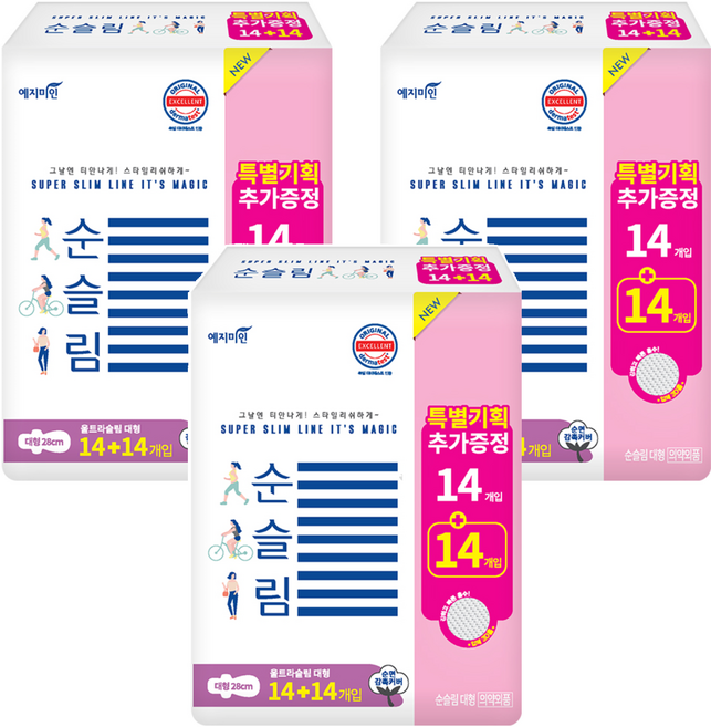 예지미인 순슬림 생리대 날개형, 대형, 28개입, 3개