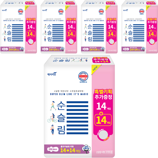 예지미인 뉴 순슬림 생리대 날개형, 대형, 28개입, 5개