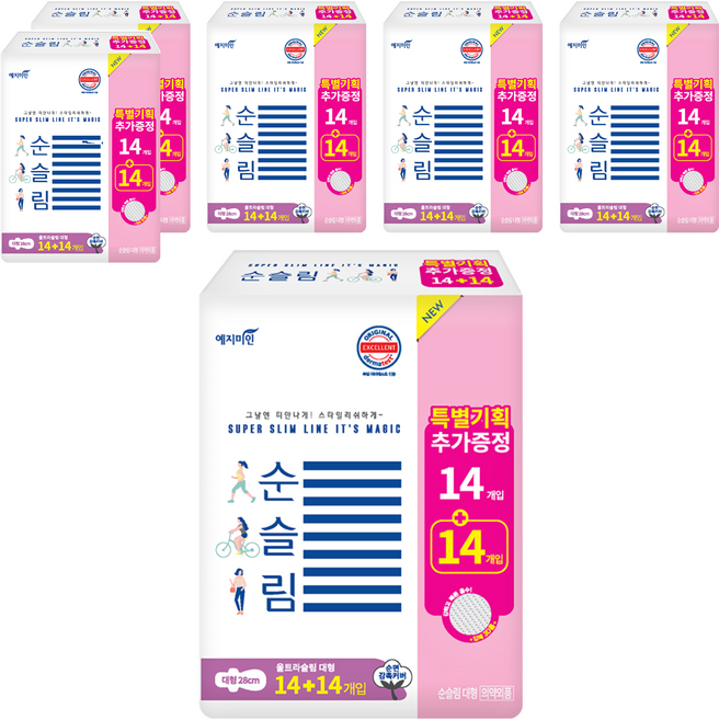 예지미인 뉴 순슬림 생리대 날개형, 대형, 28개입, 6개