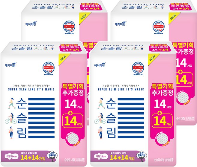 예지미인 뉴 순슬림 생리대 날개형, 대형, 28개입, 4개