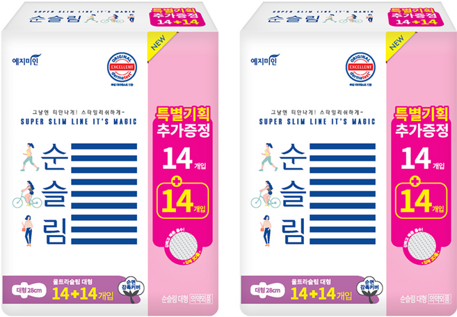예지미인 순슬림 생리대 날개형, 대형, 28개입, 2개