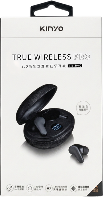 Kinyo Wireless 入耳式 無線耳機 Stereo Bluetooth 5.0 內建麥克風 7H Playtime 黑色 BTE-3940