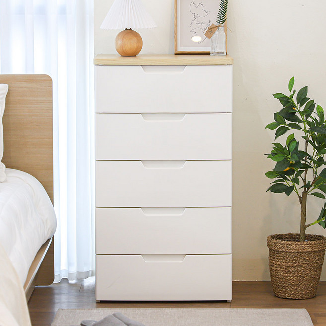 아이리스 국내 제조 부드러운 금속레일 우드상판 서랍장 HG, 5단, 내추럴