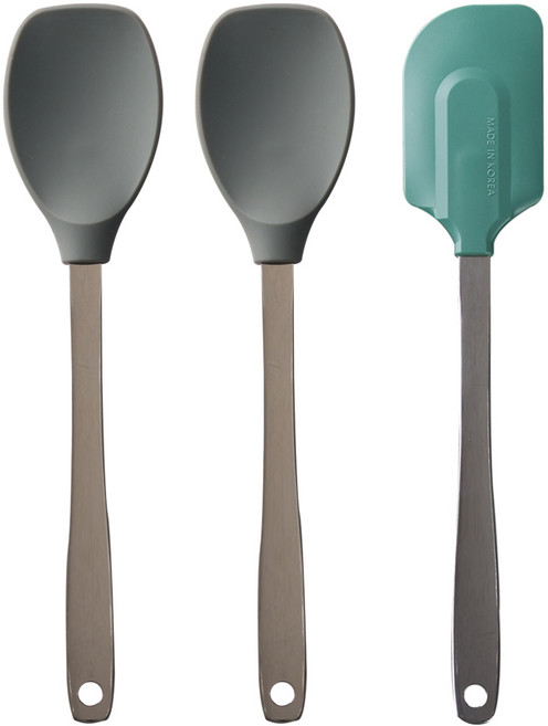 FLaiTO 矽膠 NEW 料理匙 2入 + 刮刀套組, 料理匙(灰色), 刮刀(卡其色), 1個