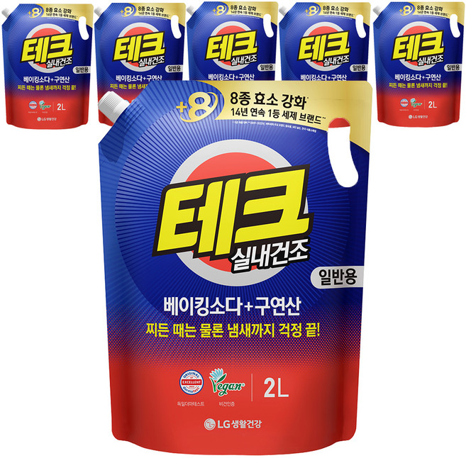 테크 베이킹소다 플러스 구연산 실내건조 액체세제 일반 리필, 2L, 6개