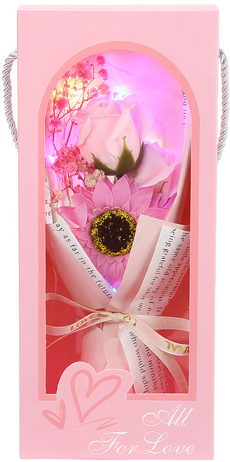 六分埔禮品 LED 向日葵玫瑰滿天星花束 粉色 母親節情人節畢業禮物, 1盒