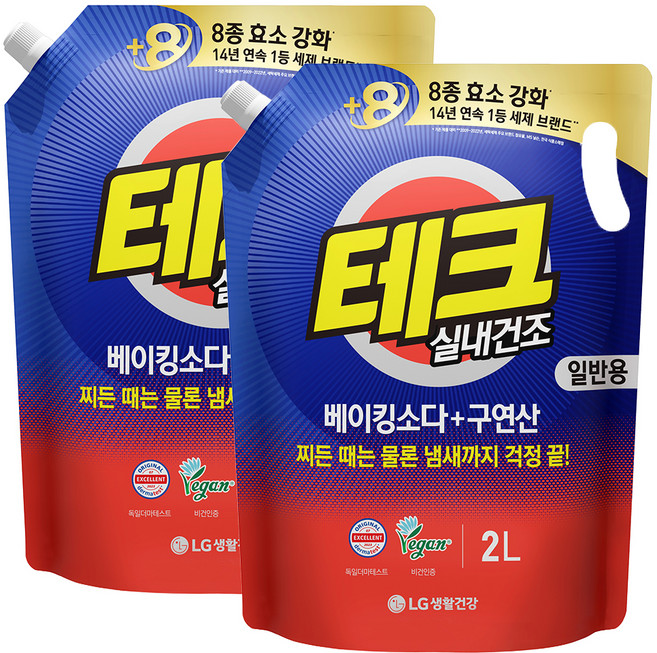 테크 베이킹소다 플러스 구연산 실내건조 액체세제 일반 리필, 2L, 2개