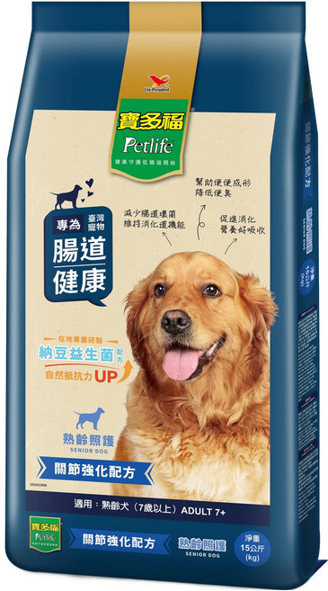 Petlife 寶多福 熟齡犬 腸道健康配方 15kg, 1袋, 穀類 + 肉粉