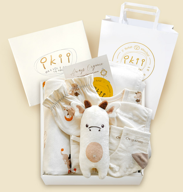 ikii 신생아 오가닉 7종 긴소매 바디슈트 출산 선물세트 + 쇼핑백