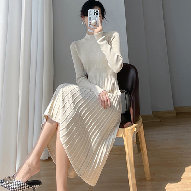 POPLAR NC 素色長袖針織連身裙, 象牙